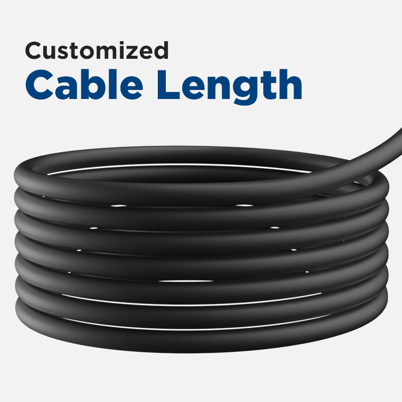 Coiled electric vehicle charging cable, emphasizing the option for customized cable length.
