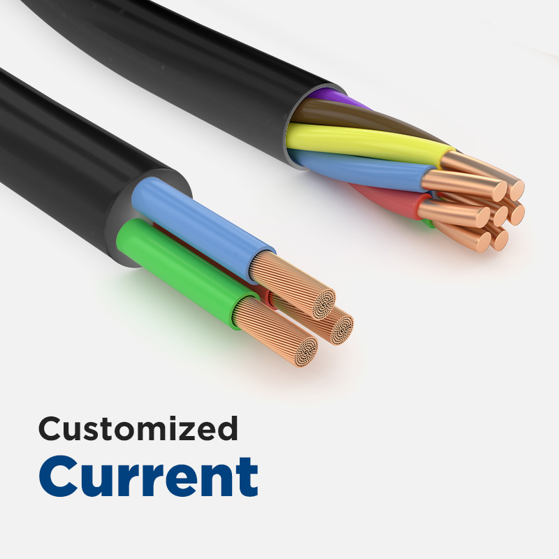 Close-up of two electric cables with exposed, multi-colored wires, illustrating the concept of customized current.
