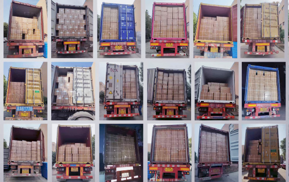 A collage showing multiple trucks loaded with boxes of electric vehicle charging cables, representing a weekly production of over 4,000 units.