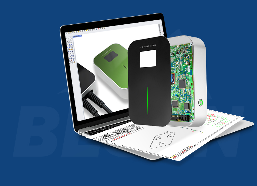 Custom EV charging equipment design showing an open charging unit, laptop with CAD design, and technical drawings.