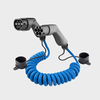 Coiled Type 2 to Type 2 EV charging cable with Mennekes connectors for electric vehicles.