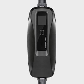 BESEN 32amp portable EV charger model PCD040, featuring a sleek black design with a blank digital display and a central control button.