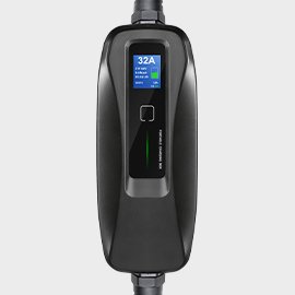 BESEN 32amp portable EV charger model PCD040, featuring a sleek black design with a digital display showing charging status and specifications.