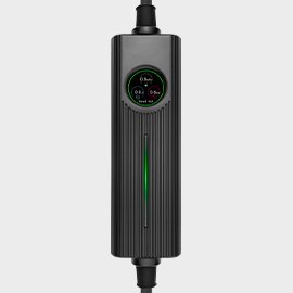 32amp portable EV charger model PCD050, featuring a black rectangular design with a digital touch display and green indicator light.