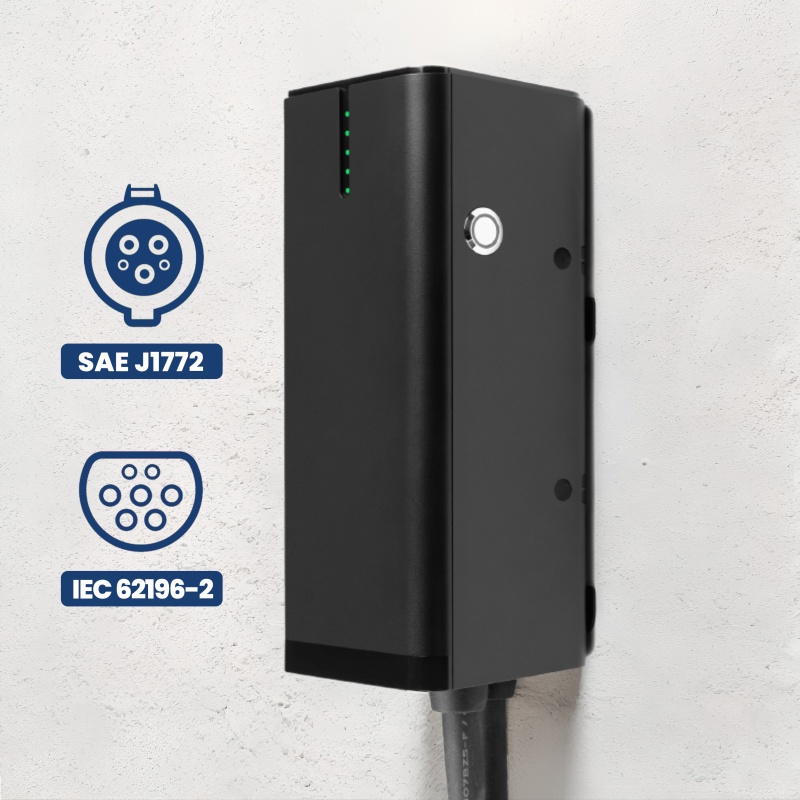 Black wall-mounted EV charger with LED indicators and compatibility icons for SAE J1772 and IEC 62196-2 connectors, model BN30.