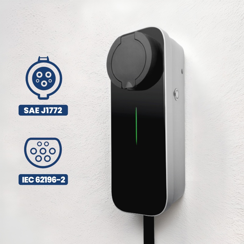 Black and gray hotel EV charger with a cover and compatibility icons for SAE J1772 and IEC 62196-2 connectors, model BS30.