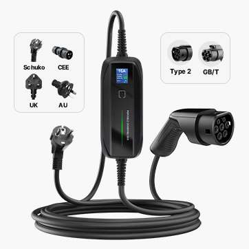 BESEN Tesla Model 3 portable EV charger, Model PCD030, equipped with a display screen, Type 2 and GB/T plug options, and plug adapters for Schuko, CEE, UK, and AU.
