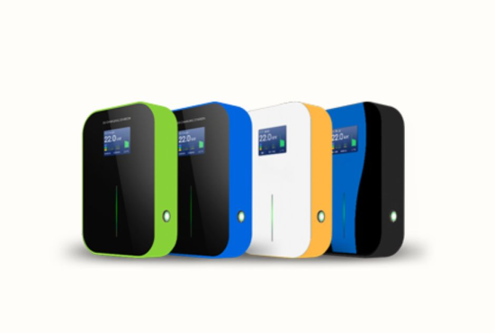 Four BESEN EV chargers in different colors (green, blue, white, and black), displayed in a row against a white background.