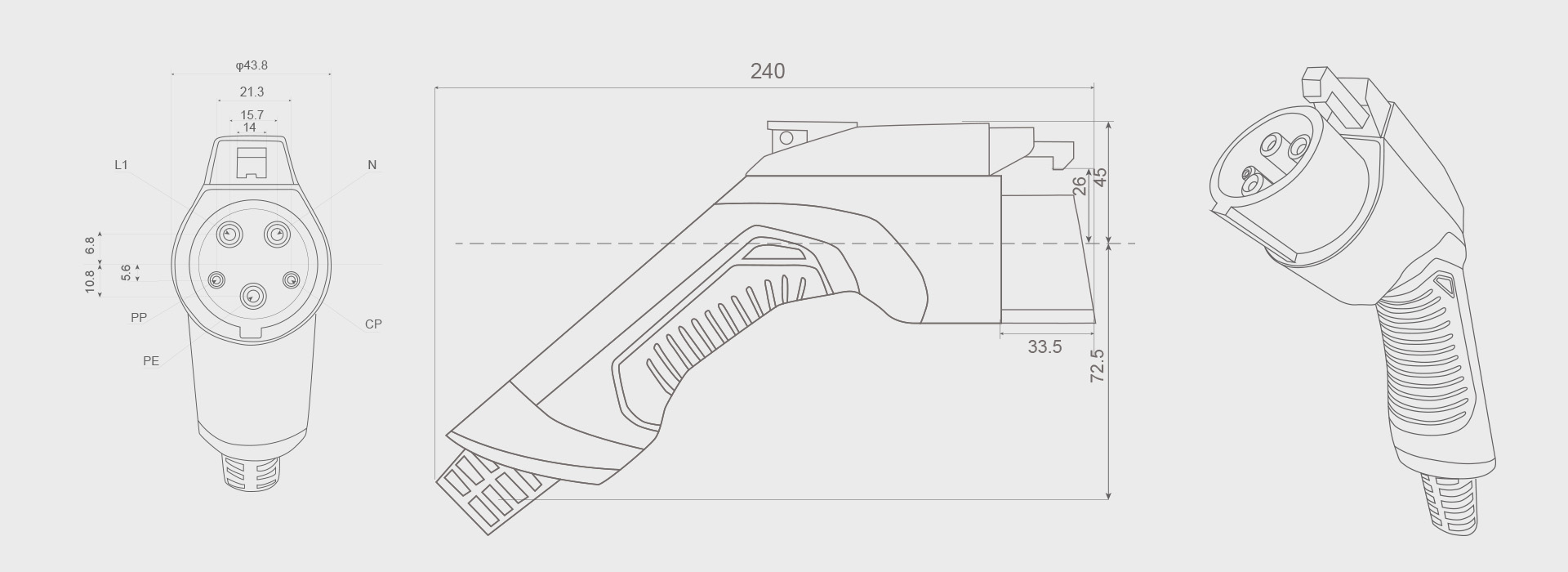 Technical drawing of a Besen J1772 EV charger with detailed measurements and specifications.