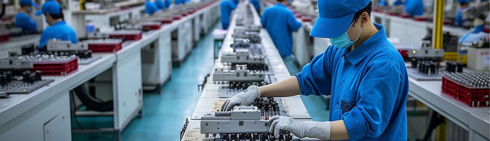 Workers in BESEN factory assembling electronic components on a production line, wearing blue uniforms and caps, with rows of machinery and materials in the background.