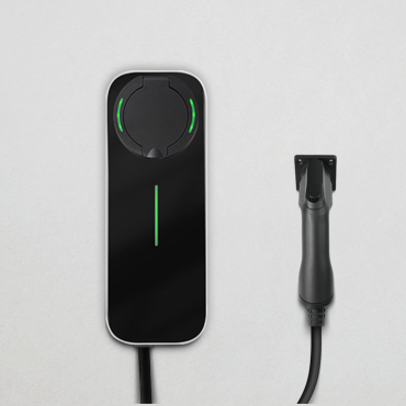 BESEN BS30 EV charger in a modern, oval design with green LED lights on the top and a vertical light strip, paired with a black charging plug against a plain grey backdrop.