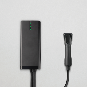 BESEN BN30 electric car charger in a sleek black finish, wall-mounted with a green LED status bar, accompanied by a detached charging plug on a grey background.