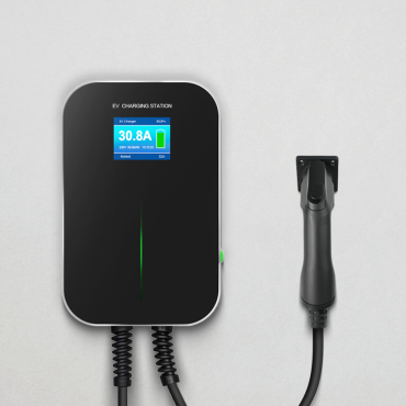 BESEN BS20 EV charger mounted on a grey wall, displaying a sleek black design with green LED indicators, and the charging cable and connector positioned to the right.