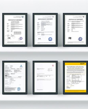 A collection of framed BESEN certificates on a wall, showcasing compliance with international safety and quality standards for EV chargers, including CE, FCC, and RoHS certificates.