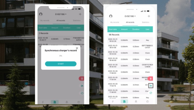 Digital illustration of BESEN's EV charging app interface on smartphones, displayed over an image of a modern condominium, showcasing features like charging data synchronization and user management.