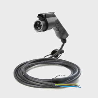 Type 1 tethered EV charging cable with SAE J1772 connector and open wire end for charging station installation.