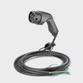 Type 2 tethered EV charging cable with coiled design and Mennekes connector for electric vehicles.