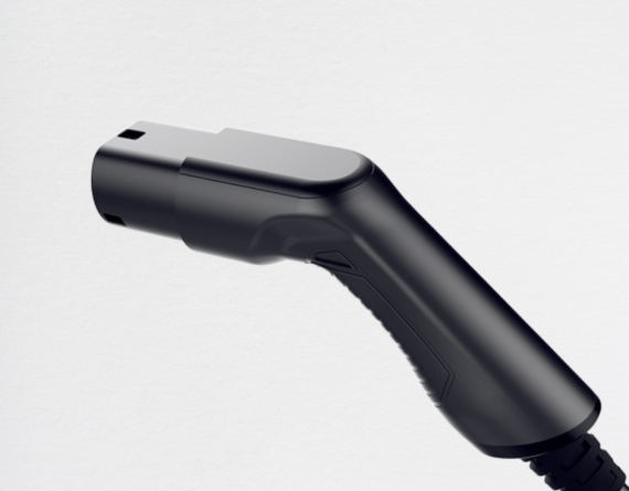 Angled perspective of BESEN Type 2 Male EV Plug, emphasizing streamlined body and compact build.