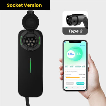 An electric vehicle charger model BS30, featuring a Type 2 plug and a smartphone displaying the app interface for monitoring and control.