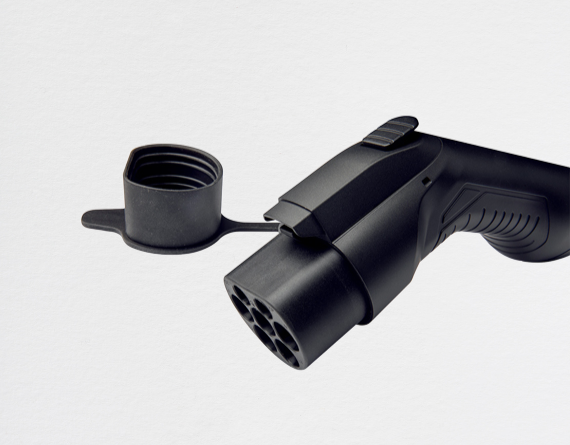 Side view of a GB/T electric car charging plug with its cap detached.