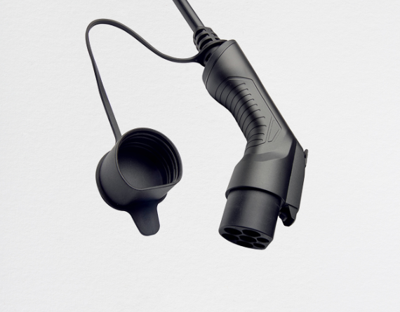 GB/T standard electric vehicle charging plug with a protective rubber cap attached via a cord.