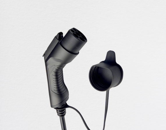 Close-up of the BESEN GB/T tethered cable connector, showcasing the ergonomic design and protective cap.
