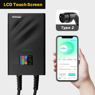 BESEN SQW45 EV Charging Station with LCD touch screen and Type 2 connector, paired with a mobile app to monitor charging status.