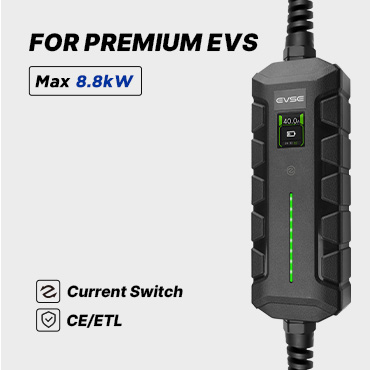 Portable 8.8kW EV charger with current switch, LED display, and premium vehicle compatibility.