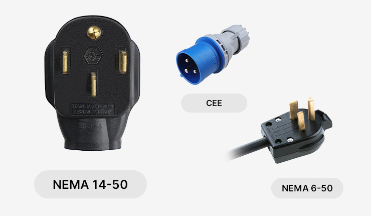 CEE, NEMA 14-50, and NEMA 6-50 power plugs, showcasing compatibility options for the BESEN SQP400 portable ev charger.
