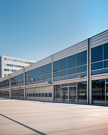 Modern office building with large glass windows and an empty parking lot under a clear blue sky, illustrating workplace EV charging potential.