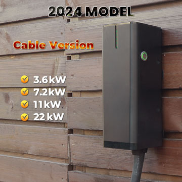 BESEN BN30 EV charging station, 2024 model, cable version, supports 3.6kW, 7.2kW, 11kW, and 22kW charging capacities, mounted on a wooden wall.