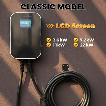 BESEN BS20 EV charging station, classic model with an LCD screen, supports 3.6kW, 7.2kW, 11kW, and 22kW charging capacities, featuring a cable attached to a flat wall.
