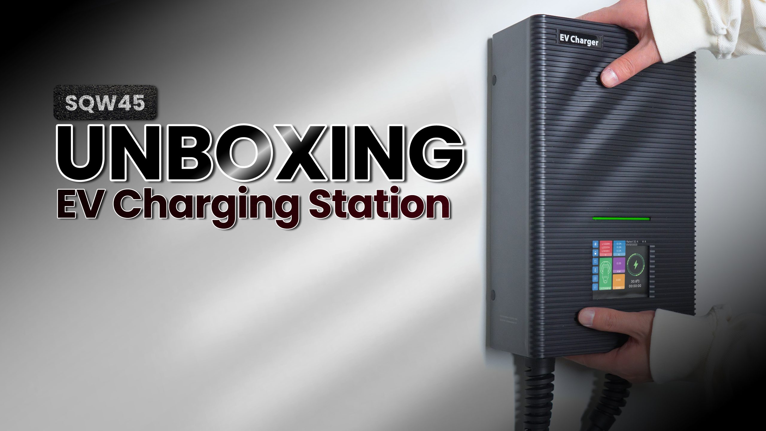BESEN SQW45 EV charging station unboxing video cover, featuring a cardboard box with the