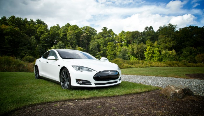 A white Tesla parked outdoors on a grassy area with trees and cloudy sky in the background.