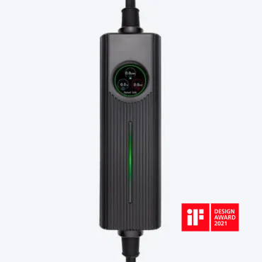 BESEN PCD050 portable Level 2 EV charger with compact control box, LED status indicator, and iF Design Award 2021 badge.