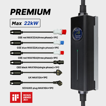 ESEN PCD050 portable EV charger rated up to 22 kW, shown with control box and interchangeable plugs including CEE red and blue connectors, UK plug, and Schuko plug.