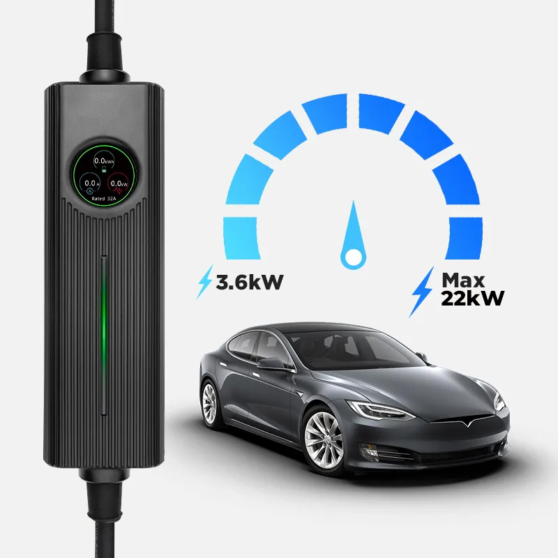 BESEN PCD050 portable EV charger with digital display, black control box, and electric car illustration showing adjustable charging power from 3.6 kW up to 22 kW